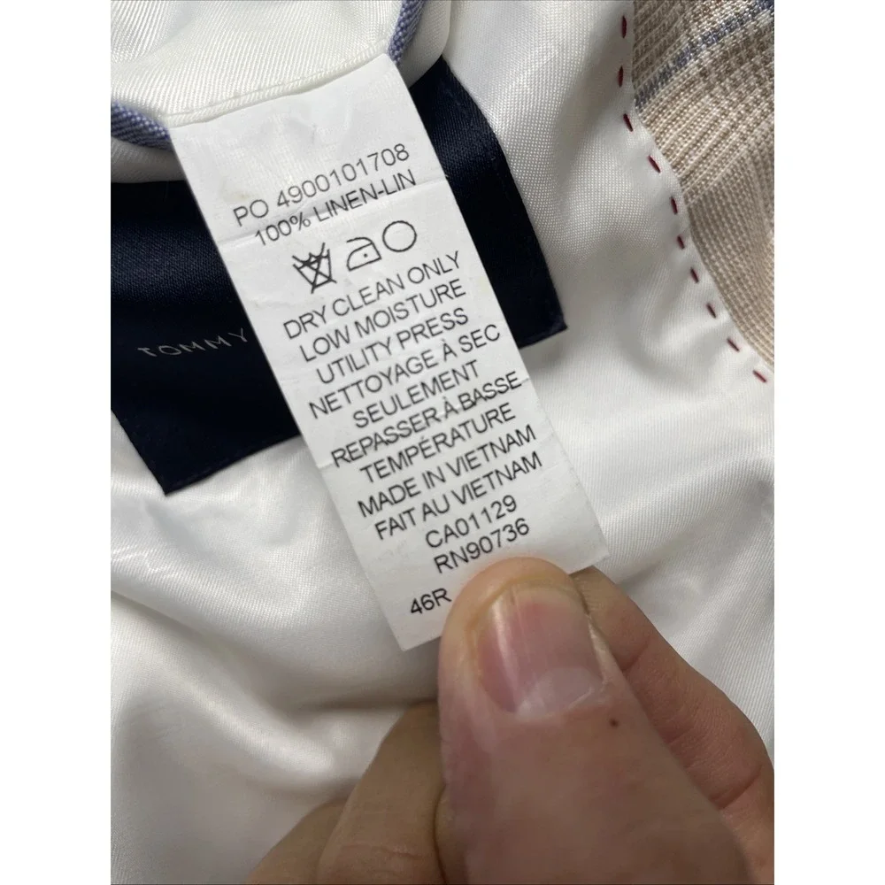 Tommy Hilfiger Linen Unstructured Windowpane Two Button Patch Pockets Blazer